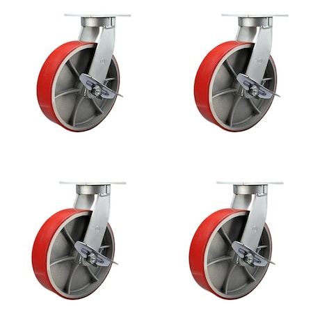 Service Caster 12'' Heavy Duty Red Poly on Cast Iron Swivel Caster Set with Brakes, 4PK CRAN-SCC-KP92S1230-PUR-RS-SLB-4